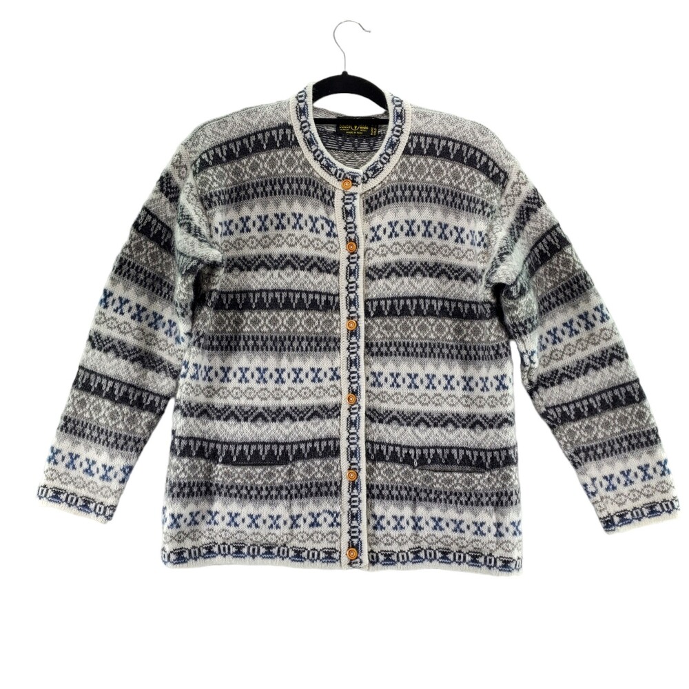 American South Side Alpaca Cardigan Wool S/M Fair Isle Stripe Button Trim Nordic